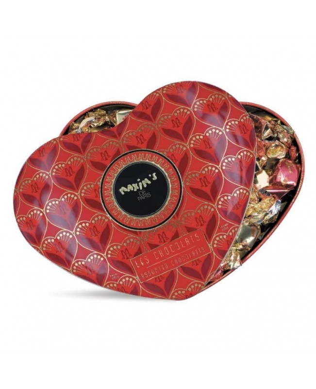 MAXIM'S DE PARIS - ASSORTED DARK AND MILK CHOCOLATE AND NOUGAT IN LARGE HEART TIN