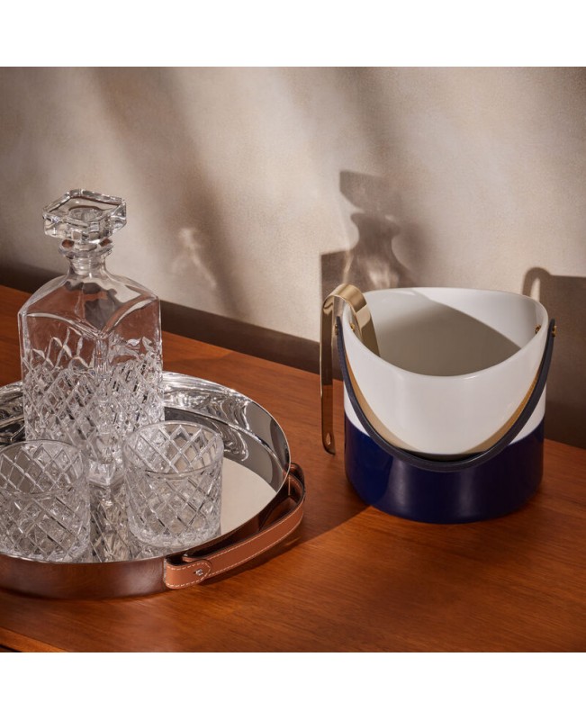 Ralph Lauren - Wyatt Blue and White Porcelain Ice Bucket & Tongs with Navy Leather Handle
