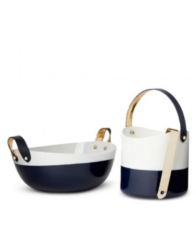Ralph Lauren - Wyatt Blue and White Porcelain Ice Bucket & Tongs with Navy Leather Handle